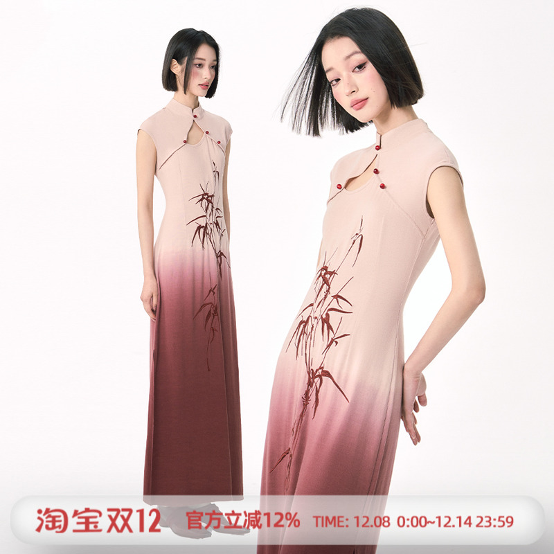 杨二大梦原创新中式改良旗袍竹叶刺绣渐变连衣裙女夏国风复古长裙