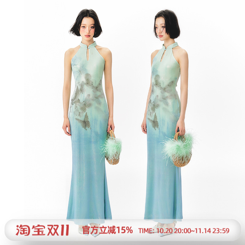 杨二大梦原创艺术家合作蝴蝶印花挂脖鱼尾连衣裙女2025夏新款长裙