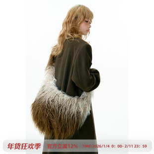 杨二原创设计渐变长毛包包大容量休闲斜挎手提毛绒包仿皮草包