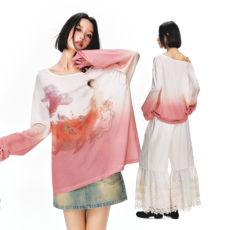 杨二大梦长袖串珠露肩罩衫女