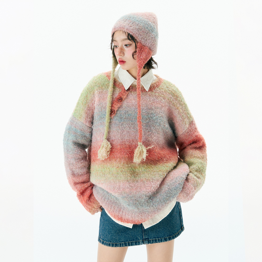 杨二大梦渐变圈圈纱圆领毛衣