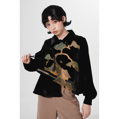 杨二大梦松树丝绒烧花衬衫长袖
