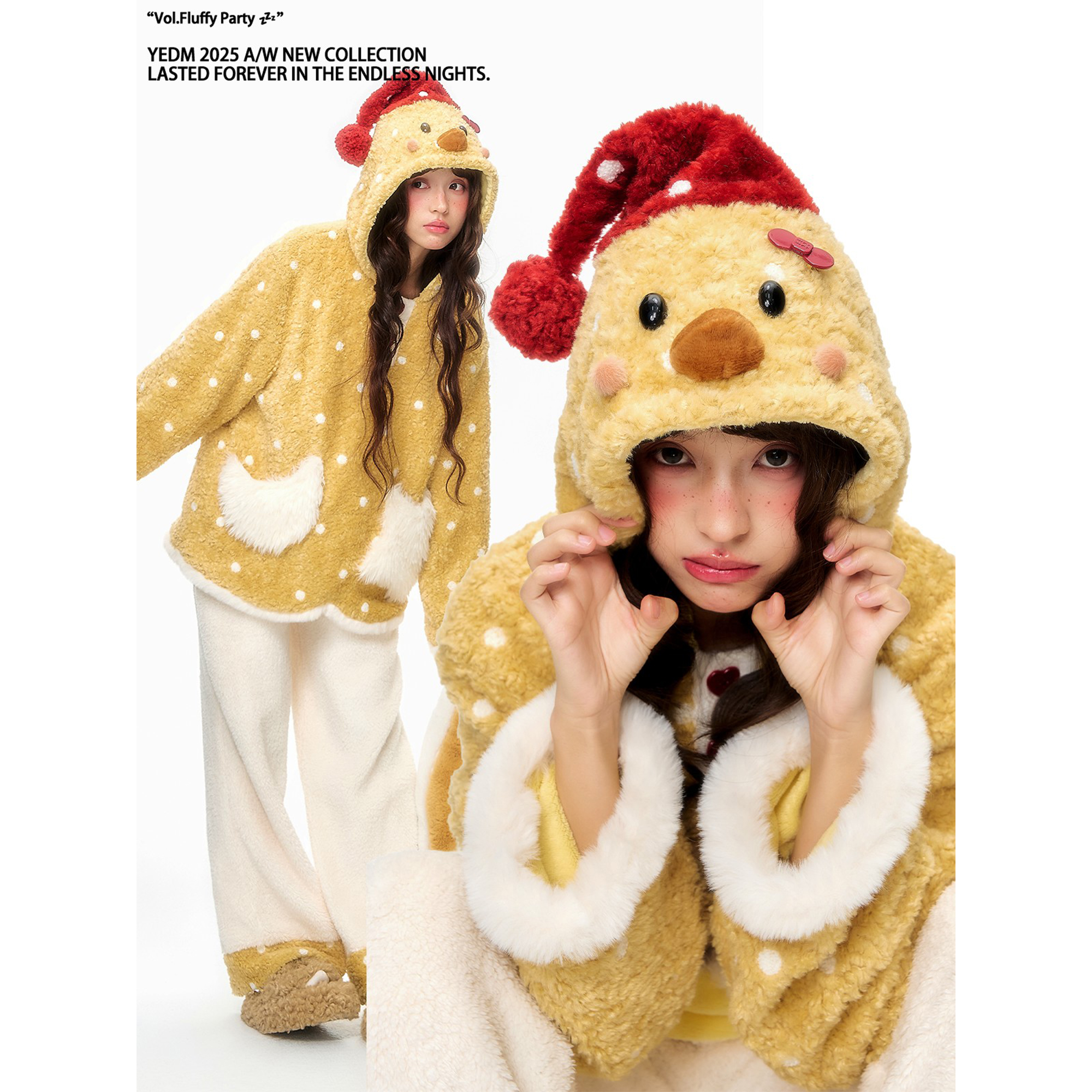 杨二大梦原创设计黄色波点小鸡家居服套装加绒加厚可爱少女睡袍