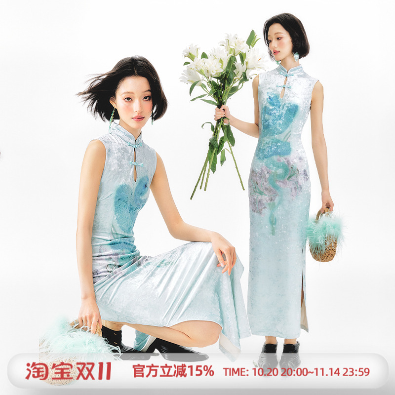 杨二大梦原创蓝蛇印花丝绒旗袍连衣裙2025初夏穿搭高级感少女裙子