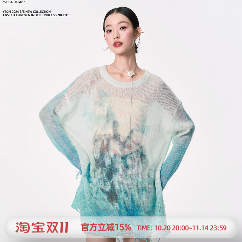 杨二大梦原创插画师合作款新中式蝴蝶毛衣秋冬款上衣针织衫