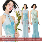 杨二大梦新中式 印花蓝蛇旗袍连衣裙