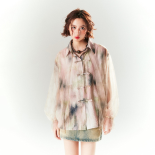 女2025年新款 杨二大梦中式 春装 衬衫 女士上衣 粉色拼纱假两件长袖