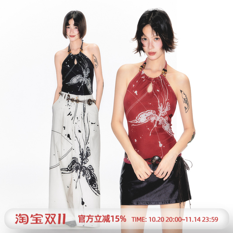 杨二大梦原创串珠蝴蝶背心2025夏季新款新中式国风印花旗袍小上衣
