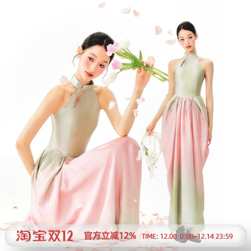 杨二大梦原创粉绿渐变郁金香花苞挂脖连衣裙2025初夏穿搭无袖裙子