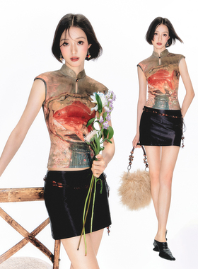 杨二大梦x白洲插画师合作新中式金鱼背心短袖女t恤立领旗袍小上衣
