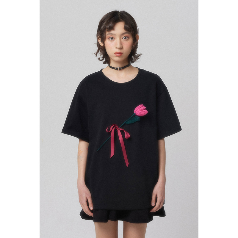 短袖原创设计薄款郁金香钩花女