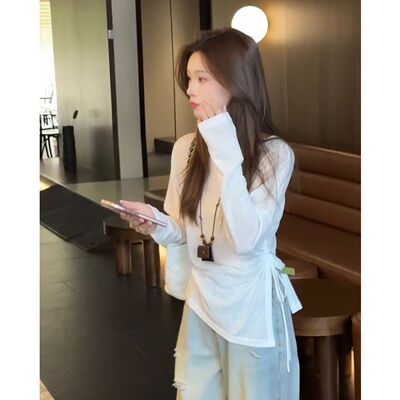 8231夏季简约纯色百搭露肩收腰不规则长袖T恤外穿
