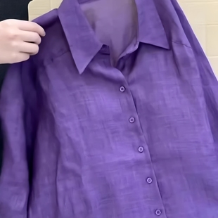 紫色韵味感Polo领长袖衬衫女春秋季新款防晒衬衣宽松漂亮独特上衣