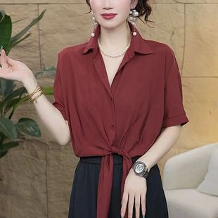 简约纯色收腰显瘦薄款 时尚 女2025夏新款 翻领系带短袖 T恤上衣 衬衫