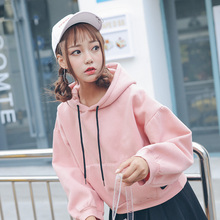 潮韩版 2019新款 ins 粉红色学院卫衣女加绒秋冬季 连帽宽松学生短款