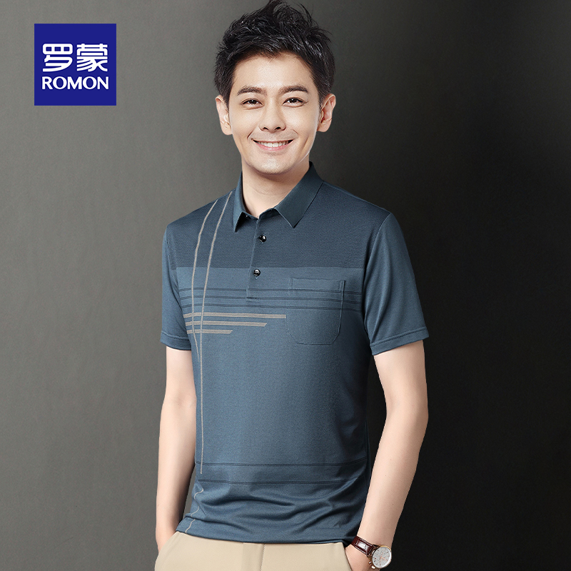 罗蒙男士冰丝短袖Polo衫夏季款中老年爸爸装带翻领T恤休闲上衣服