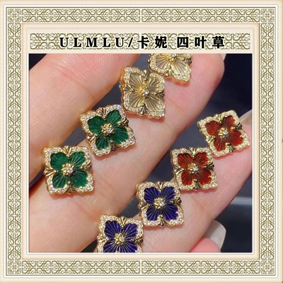 ULMLU/卡妮四叶草歌剧院耳钉V金保色镶钻白贝母耳环复古珐琅耳坠
