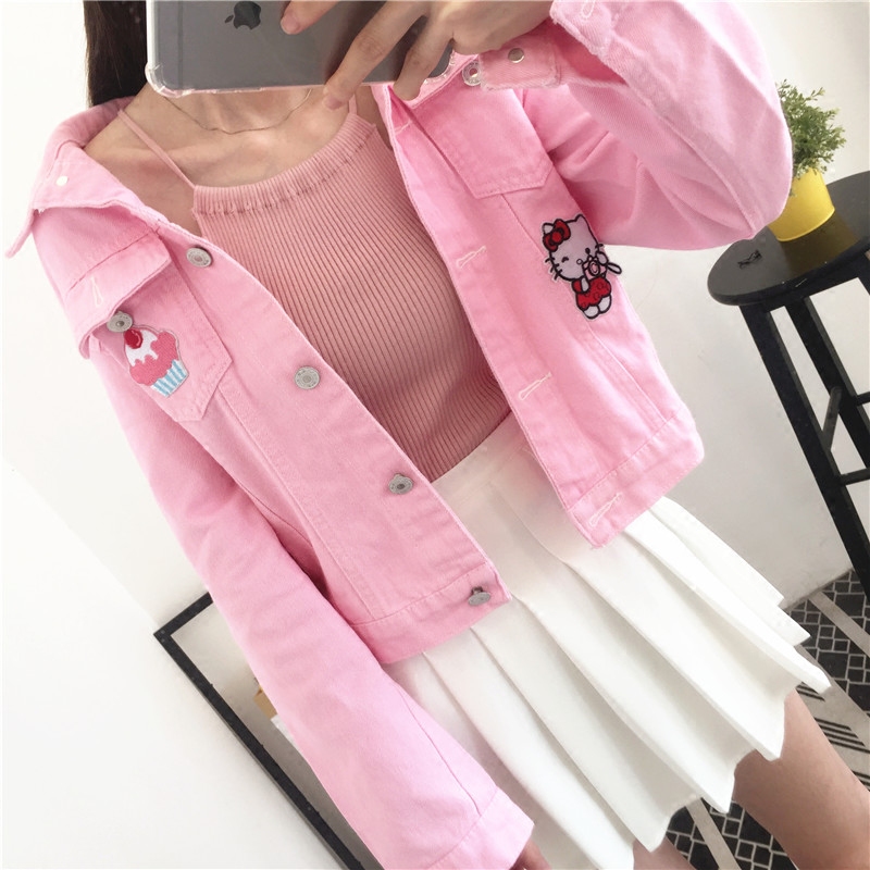 hellokitty软妹日系可爱粉色牛仔早初春百搭少女外套女小个子短款