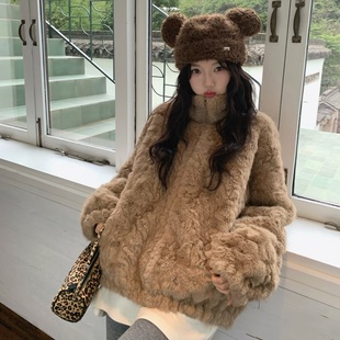 立领羊羔毛外套女2025冬新款韩系慵懒风加厚皮毛一体水貂毛绒上衣
