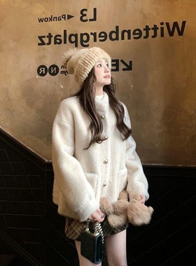 小香风立领水貂毛绒外套女环保皮草2025冬季新款皮毛一体毛毛上衣