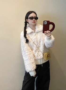 白色羊羔毛短外套女2025冬新款韩系软糯百搭环保皮草加厚毛绒上衣