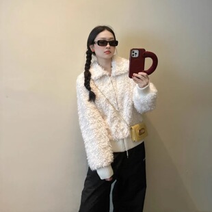 白色羊羔毛短外套女2025冬新款韩系软糯百搭环保皮草加厚毛绒上衣