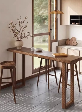 实木吧台桌椅家用胡桃木色高脚桌长条窄桌阳台简约现代靠墙桌椅