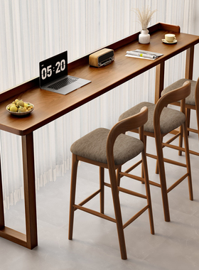 实木吧台桌胡桃木色 家用阳台长桌靠窗窄桌 咖啡厅高脚桌椅组合