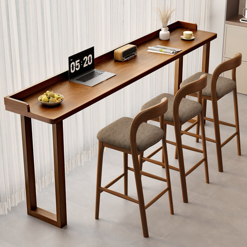 实木吧台桌胡桃木色 家用阳台长桌靠窗窄桌 咖啡厅高脚桌椅组合