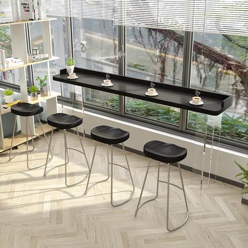 亚克力实木吧台桌黑色带围边商用靠窗悬浮透明高脚桌吧台桌椅组合