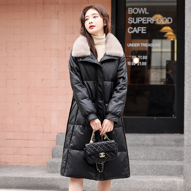海宁真皮中长羽绒服女绵羊皮秋冬新款大码修身水貂毛领连帽厚外套