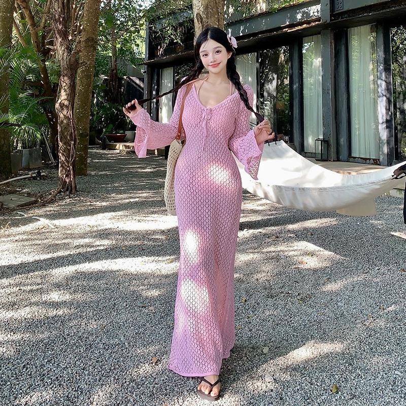 高级感泳衣女2025新款绝美粉色显白花朵比基尼长裙罩衫泡温泉度假