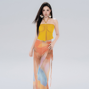 泳衣女2025新款高级感挂脖抽绳分体三件套长裙显瘦绝美沙滩度假风