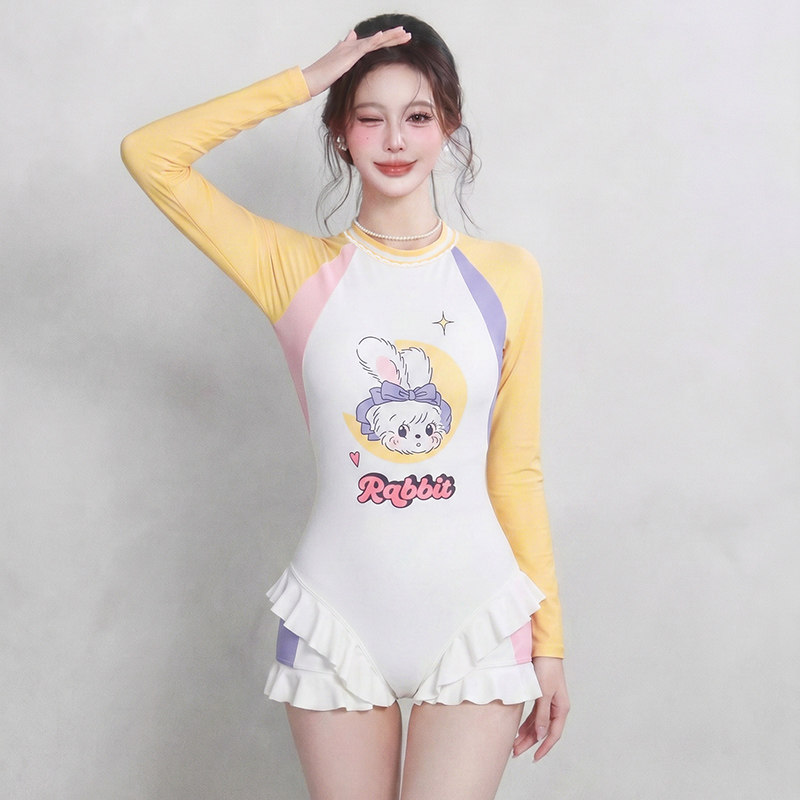 可爱卡通印花连体泳衣女长袖防晒遮肉显瘦保守度假冲浪潜水游泳装