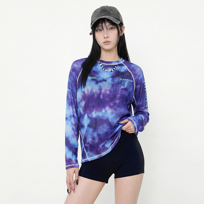 泳衣女2026新款紫色晕染长袖罩衫平角分体运动风遮肚肉显瘦三件套