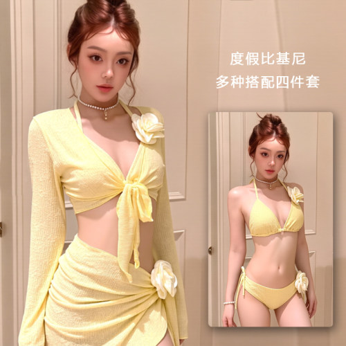 度假风花朵挂脖比基尼四件套显白