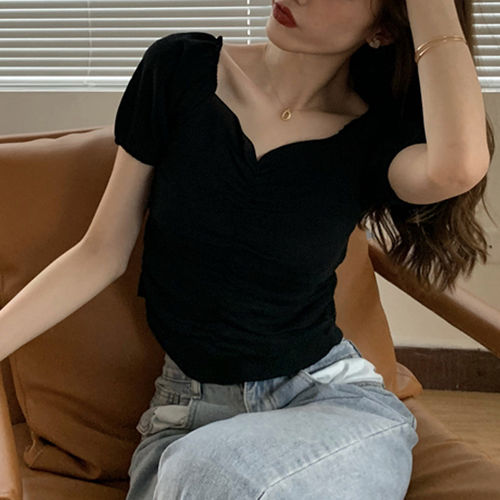 法式方领黑色短袖显瘦通勤T恤女