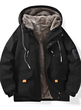 冬季外套男加绒加厚潮牌夹克男连帽宽松保暖棉服袄子青年派克服