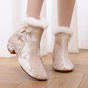 冬季新中式民族风加绒绣花鞋古风汉服鞋子国风旗袍短靴加棉保暖