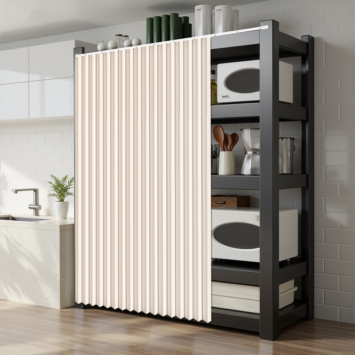 厨房置物柜遮挡遮丑帘免打孔折叠帘纯色简约橱柜杂物柜鞋柜防尘帘