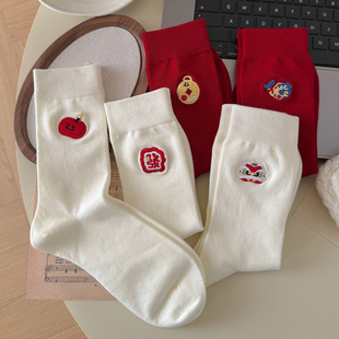 结婚喜庆新娘袜可爱醒狮棉袜 本命年红色女士中筒袜 会起球 袜子