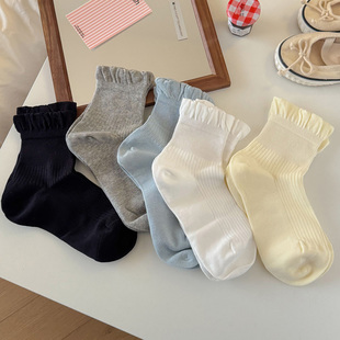 女士中筒袜纯色木耳边泡泡口百搭透气棉袜 春夏薄款 会起球 袜子