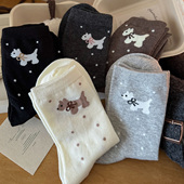 日系卡通小狗图案女士中筒袜 会起球 袜子 可爱波点百搭学生棉袜