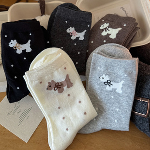 会起球的袜子 日系卡通小狗图案女士中筒袜 可爱波点百搭学生棉袜
