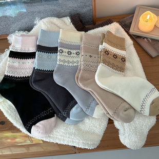 会起球的袜子 秋冬季加厚毛圈女士中筒袜 费尔岛加绒保暖百搭棉袜