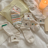 会起球 条纹波点棉袜 透气薄款 袜子 日系可爱刺绣小狗女士短袜