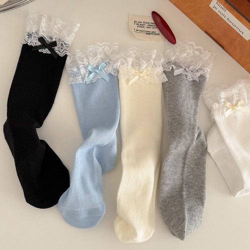 蕾丝花边蝴蝶结女士中筒袜