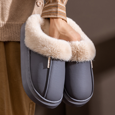 男士皮面防水厚底棉拖鞋女款冬季