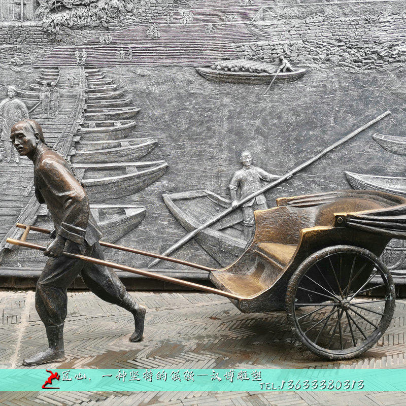 玻璃钢人物雕塑民俗仿铜黄包车拉车车夫雕塑广场步行街文化主题