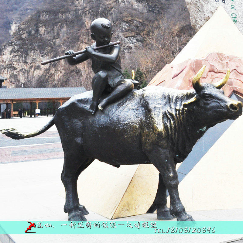玻璃钢人物牧童骑牛雕塑放牛娃吹笛子民俗小品景观园林落地摆件